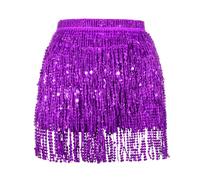 Soudittur Women's Purple Sequin Tassel Belly Dance Fringe Rave Sparkle Mini Wrap Festival Skirt