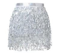 Soudittur Women's Sequin Tassel Fringe Belly Dance Rave Party Sparkle Mini Wrap Skirts Festival Outfits for Women and Girls, Silver