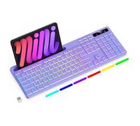 Soueto Wireless Keyboard with 7-Color RGB Backlit, Full-Size Computer Keyboard with Phone Tablet Holder, 2.4G Rechargeable Gaming Keyboard with Light Up Keys, Compatible with Mac, Windows (Purple)