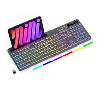 Soueto Wireless Keyboard with 7-Color RGB Backlit, Full-Size Computer Keyboard with Phone Tablet Holder, 2.4G Rechargeable Gaming Keyboard with Light Up Keys, Compatible with Mac, Windows (Grey)