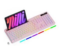 Soueto Wireless Keyboard with 7-Color RGB Backlit, Full-Size Computer Keyboard with Phone Tablet Holder, 2.4G Rechargeable Gaming Keyboard with Light Up Keys, Compatible with Mac, Windows (Pink)