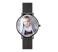 SOUFEEL Custom Photo Watch for Women Men - Personalized Engraved Watch with Name Customized Unique Wrist Watches Stainless Steel Personalized Gift for Him Family Boyfriend Girlfriend Black