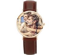 SOUFEEL Custom Photo Watch for Women Men - Personalized Engraved Watch with Name Customized Unique Wrist Watches Leather Personalized Gift for Him Family Boyfriend Girlfriend Brown Gold