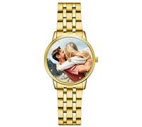 SOUFEEL Custom Photo Watch for Women Men - Personalized Engraved Watch with Name Customized Unique Wrist Watches Stainless Steel Personalized Gift for Him Family Boyfriend Girlfriend Gold