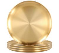 SOUJAP 4 PCS 12 Inch Gold Stainless Steel Plate, 30cm Large Round Metal Camping Dishes for Barbecue Picnics