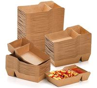SOUJOY 100 Pack Food Serving Tray, 2 Compartment Disposable Kraft Nacho Boat Tray, Grease Resistant Heavy Duty Paperboard, Take Out Fast Food Snack Holder Container for Party