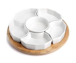 SOUJOY 11'' Lazy Susan Appetizer Serving Tray, Porcelain Divided Serving Dishes, Removable Relish Dishes for Chip, Dip, Condiment, Veggies, Candy and Snack, Cheese, Party, 7 Pieces