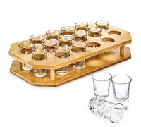 SOUJOY 16 Shot Glass Server Tray Set, 1 oz Shot Glass Set with Bamboo Tray, Party Serving Holder for Bar, Pub, Party, Club Drinking