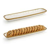 SOUJOY 2 Pack Porcelain Cracker Tray with Gold Pearl Edge, 14 Inch Rectangular Charcuterie Serving Platters, Dishwasher Safe Ceramic Cookie Plates for Cheese Ham Fruit, Perfect for Display Foods