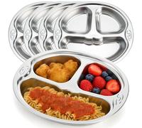 SOUJOY 4 Pack 18/10 Stainless Steel Divided Plate, 3 Sections Portion Control Divided Plate, Unbreakable Monkey Shape Compact Food Serving Tray for Kids, Picky Eaters, Campers, 24×20×5cm