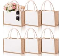 SOUJOY 6 Large Pack Burlap Tote Bags, 37×25cm Reusable Jute Gift Totes with Handles, Water Resistant Beach Bag, Canvas Grocery Shopping Totes for Bridesmaid, DIY, Wedding, Valentine's Day