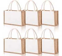SOUJOY 6 Pack Burlap Tote Bags, Reusable Jute Gift Totes with Handles, Water Resistant Beach Bag, 14.7'' x 9.8'' x 4.5'' Canvas Grocery Shopping Totes for Bridesmaid, DIY, Shopping, Wedding