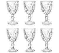 SOUJOY 6 Pack Wine Glasses Goblet, 300ml Vintage Embossed Glass Cup, Beverage Stemmed Party Glasses for Wine, Soda, Juice in Bars, Restaurants, Home