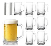 SOUJOY 8 Pack Glass Beer Mug, 360ml Beer Glasses Stein with Handle and Straw, Clear Lead-Free Freezer Beer Cup Heavy Drinking Glass for Beer, Milk, Juice, Bar, Beverages