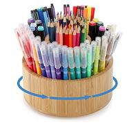 SOUJOY Bamboo Pen Holder Organizer, 360°Rotating Art Supply Organizer with 11 Compartments, Color Pencil Storage Caddy, Hold 200+ Pencils, Office Desk Stand Box for Marker Pens, Pencil, Art Brushes