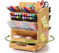 SOUJOY Bamboo Pen Holder Organizer, 360°Rotating Art Supply Storage Caddy, Hold 400+ Pencils, 15 compartments Office Desk Stand Box with Handle for Marker Pens, Colored Pencil, Art Brushes