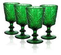 SOUJOY Set of 4 Colored Wine Glass Goblet, 12oz Handmade Pressed Stemmed Water Cup, Green Vintage Tropical Palm Pattern Embossed Drinkware for Party, Wedding, Christmas