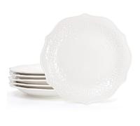 SOUJOY Set of 6 Porcelain Dinner Plate, 10'' Embossed Salad Plates, White Dessert Serving Plates for Steak Appetizer, Kitchen Plates for Restaurant, Family Party, Dishwasher Microwave Safe
