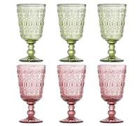 SOUJOY Set of 6 Vintage Glass Goblet, Colored Wine Glasses 10oz, Handmade Pressed Water Drinking Cup with Stem for Party, Wedding, Bar