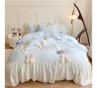 SOUKECHY Bed Linen Set, Full Duvet Cover Set with Ruffled Lace, 100% Soft Brushed Microfiber, Includes 2 Pillowcases, Zipper Closure, Shabby Chic Design, Blue, Full Size