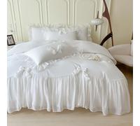 SOUKECHY Bedding Set with Ruffle, Bow, Duvet Cover Set with Butterfly Tie, Soft Brushed Microfiber, Shabby Chic Bedding Set with Zipper, White, Queen Size Bed