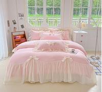 SOUKECHY Chic Lace Bedding,Girls Twin Aesthetic Comforter Cover Set,Romantic French Princess Style Ruffled Duvet Cover with Lovely Bow with Zipper Closure-Pink,Twin Size