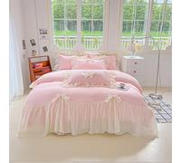 SOUKECHY Girls Lace Bedding,Queen Comforter Cover Set, Chic Ruffled Duvet Cover with Lovely Bow,Princess Style 1 Duvet Cover with 2 Pillowcases, No Comforter-Pink,Queen Size