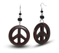 Soul-Cats Handmade Peace Symbol Wooden Earrings 65x35mm Dark Brown with Black Beads