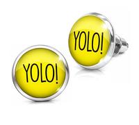 Soul-Cats Round Stud Earrings "YOLO" Yellow Diameter 12 mm - Cool Statement Jewellery for Men and Women