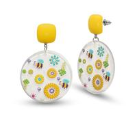 Soul-Cats Summer Earrings Flowers & Bees Lightweight Plastic Earrings with Colourful Flower Motif & Yellow Button Cheerful Fashion Jewellery for Women & Girls