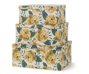 Soul & Lane Decorative Cardboard Storage Boxes with Lids for Home Decor and Organization, Set of 3 Large Keepsake Boxes for Memories & Gifts, Nesting Floral Photo Storage Containers, Golden Peony