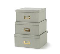 Soul & Lane Gray Kraft Paper Boxes for Storage, Set of 3 Square Stacking Boxes with Lids and Gold Label Holders, Decorative Cardboard Photo Storage for Decor and Organizing