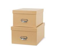 Soul & Lane Kraft Decorative Cardboard Storage Boxes with Lids, Set of 2 Stacking Keepsake Photo and Memory Boxes for Home & Office, Elegant Paperboard Organizers with Label Holders and Drawer Pulls