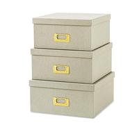 Soul & Lane Light Gray Kraft Paper Boxes for Storage, Set of 3 Square Stacking Boxes with Lids and Gold Label Holders, Decorative Photo Storage, Nesting Cardboard Containers for Organizing