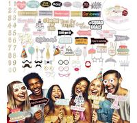 SOUL SHIFT 70 Pc Large Premium Photo Booth Props Set for All Occasions - Wedding Props, Birthday Props, Graduation Prop, Inflatables, Large Glasses, Multi-Colored Wig, Hawaiian Lei, Hand Pump