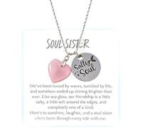 Soul Sister Sea Glass Heart Necklace with Engraved Disc Charm,Stainless Steel Adjustable Handcrafted Beach Friendship Necklace for Women,Unbiological Sister Jewelry Gift for Best Friends (Pink)