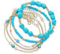 Soul Statement Boho Evil Eye Anklets for Women, 5 Piece Layered Turquoise & Gold Ankle Bracelet, Stone & Bead Foot Jewelry for Summer Beach Outfits, One Size, Bead Alloy, no gemstone