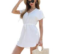 soul young Beachwear Cover Up for Women V Neck Swimsuit Bathing Suit Bikini Coverup Beachwear Casual Short Sleeve Beach Dress(M,White)