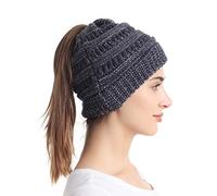 soul young Women Beanie Hats with Ponytail Hole Knit Stretch Winter Hat(One Size,2 Tone Navy)