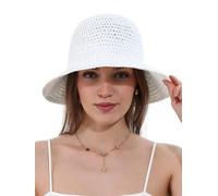soul young Womens Straw Sun Hat Wide Brim Hand Woven Foldable Beach Bucket Hat for Summer Travel UV Protection UPF 50+(One Size,White)