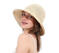 soul young Women's Straw Sun Hat Wide Brim Hand Woven Foldable Bucket Hat(One Size,Beige)