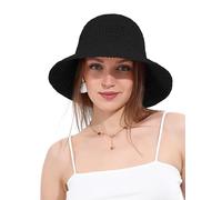 soul young Women's Straw Sun Hat Wide Brim Hand Woven Foldable Bucket Hat(One Size,Black)