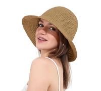 soul young Women's Straw Sun Hat Wide Brim Hand Woven Foldable Bucket Hat(One Size,Khaki)