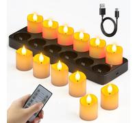 SoulBay 12pcs Rechargeable Tea Lights with Remote Timer & Charging Station | USB-C Flameless Battery Electric LED Candles, Flickering, 50-150 Hours Runtime, Home Room Halloween Christmas Decorations