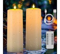 SoulBay Rechargeable Candles, 2pcs Solar Candles Outdoor Waterproof Electric LED Flameless Pillar Candles Flickering with Remote Control and Timer for Garden Patio Lanterns Home Room Decorations