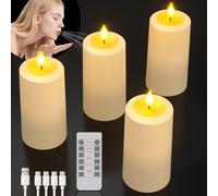 SoulBay Rechargeable Candles, 4pcs Blow-Activated Battery LED Flameless Electric Candles Flickering with Remote Control Timer and USB-C Cable for Home Room Table Party Halloween Christmas Decorations