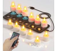 SoulBay Rechargeable Tea Lights, 12pcs Outdoor Waterproof Battery Flamless Electric LED Candles Flickering with Remote Timer Charging Base for Bathroom Garden Home Room Halloween Christmas Decorations