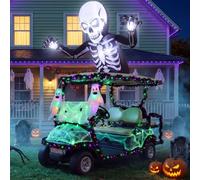 Soulchen 12 Pcs Halloween LED Golf Cart Decoration Kit with Giant Inflatable Skeleton Glow in the Dark Spider Web Hanging Ghosts Black Tinsel Purple Green String Lights for Golf Cart Parade Decor