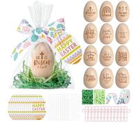 Soulchen 12 Set Easter Gifts He is Risen Wooden Resurrection Eggs Basket Stuffers with Raffia Gift Bag Ribbon and Card for Adults Christian Easter Basket Religious Decorations