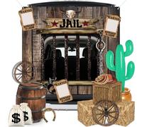 Soulchen 15 Pcs Western Cowboy Decor Halloween Farm Trunk or Treat Car Prison Cell Photo Prop Hay Bales Boxes Wagon Wheel Inflatable Cactus for Murder Mystery Crime Scene Party Background(Wood Grain)